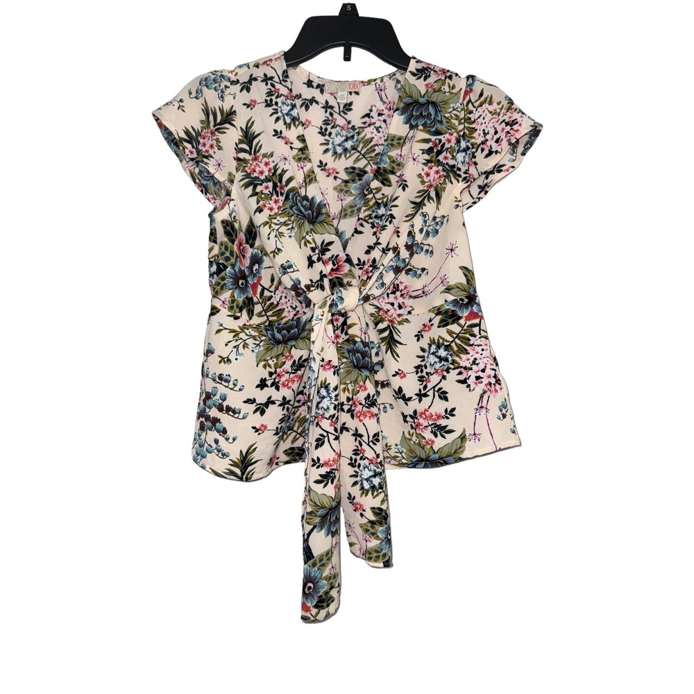 GIANNI BINI Floral Cap Sleeve Waist Length Top Front Tie Sz M Textured Stretch